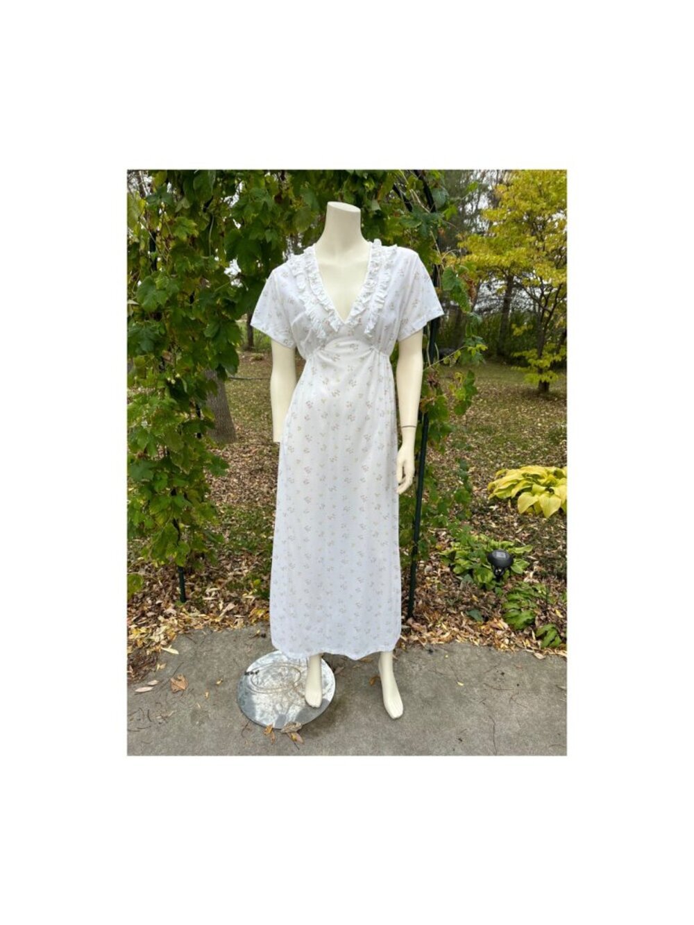 70s Empire Waist Night Gown Maxi Dress V-Neck Floral Cottagecore Ruffles Sz L